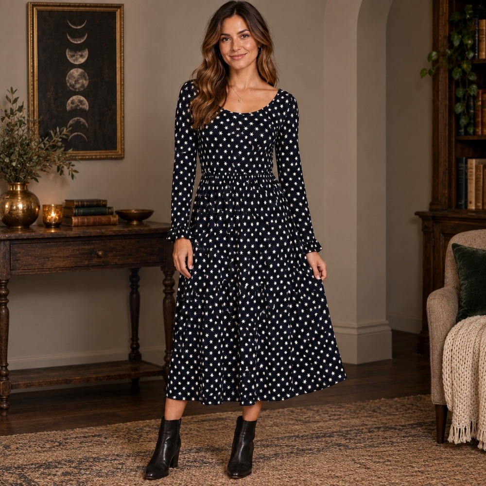 Stine Goya Clarabelle Star Print Midi Dress M Night Sky Celestial Whimsigoth